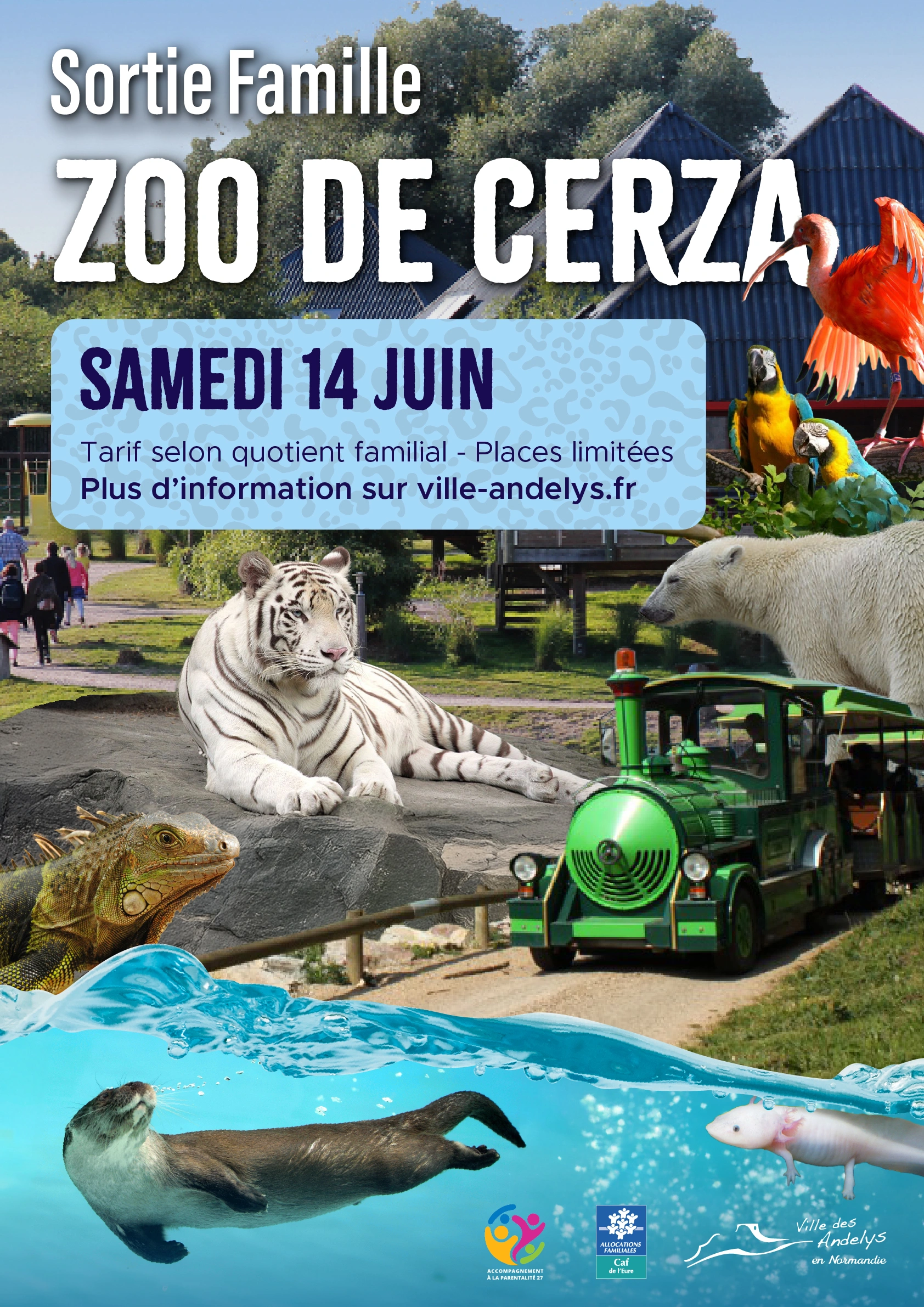 Affiche annonçant une sortie pour les familles des Andelys au zoo de Cerza