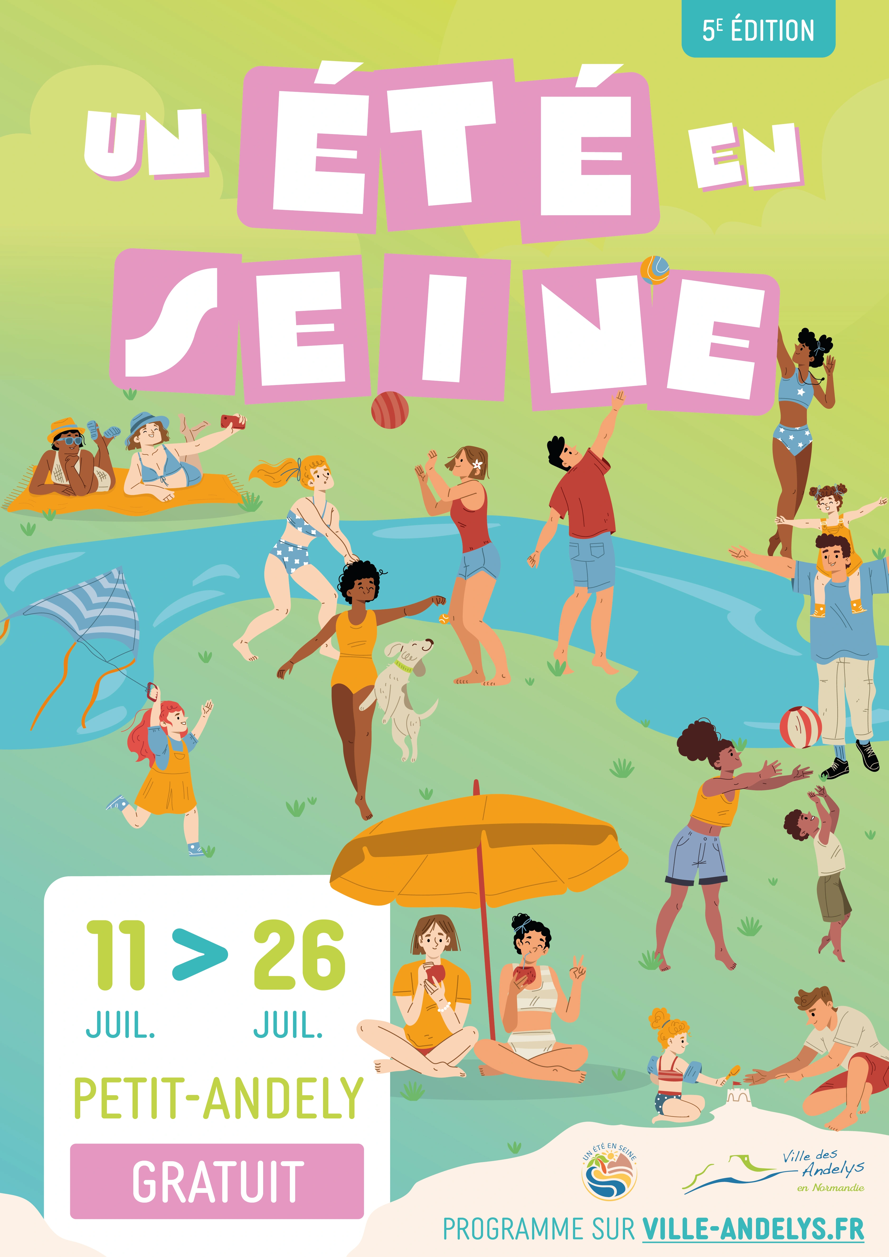 Affiche annonçant un Éte en Seine aux Andelys, l'événement familial se déroulant sur les bords de Seine pendant une semaine avec énormément d'activités