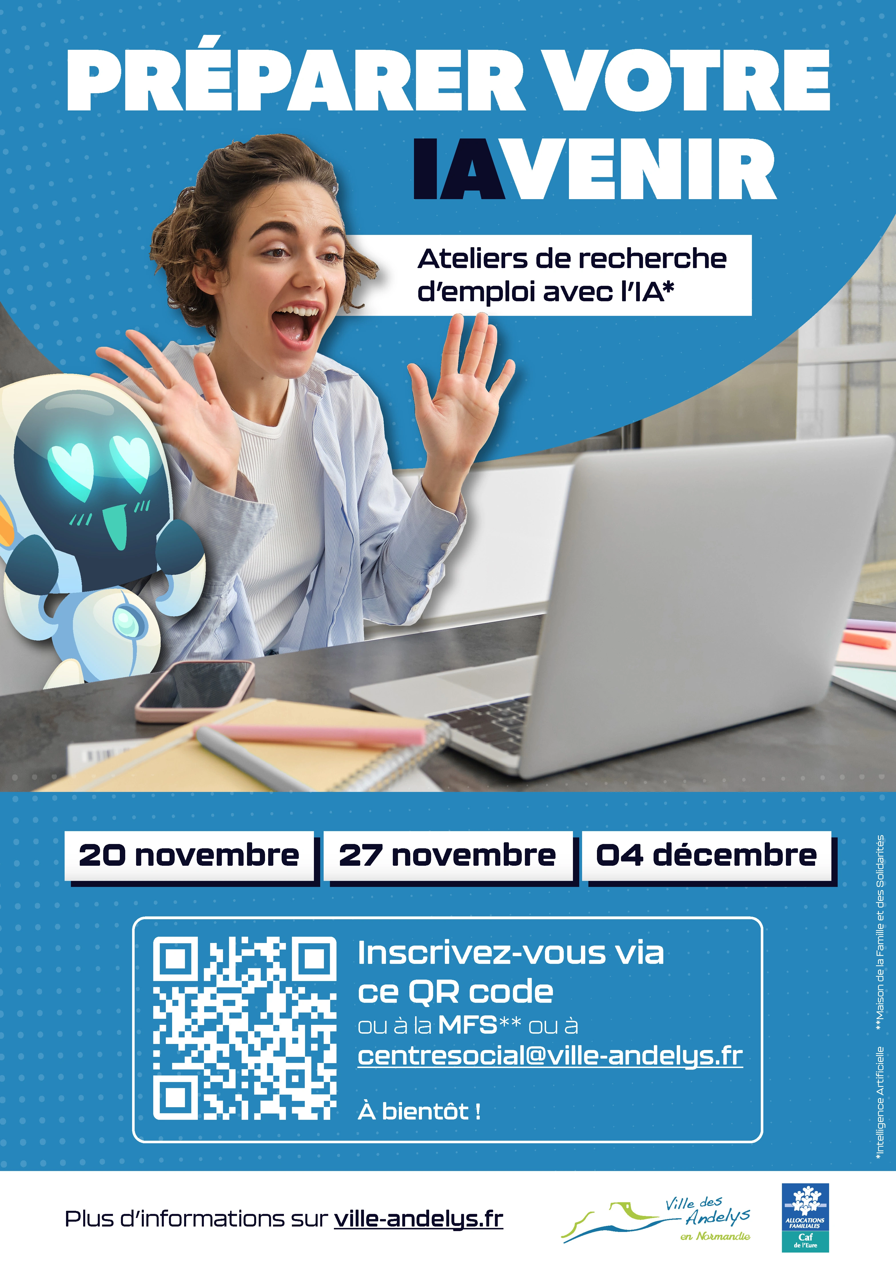 Affiche annonçant un atelier pour former les incrits à l'utilisation de l'IA, notamment dans le cadre d'une recherche d'emploi