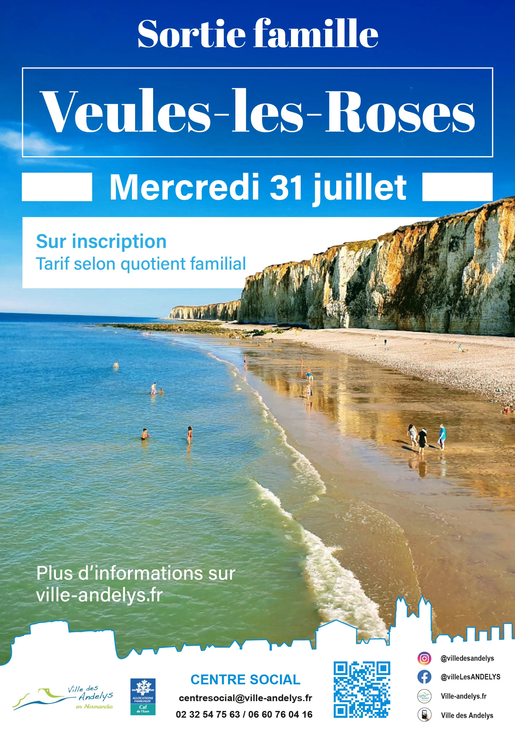 Affiche annonçant une sortie pour les familles des Andelys à Veules-les-Roses
