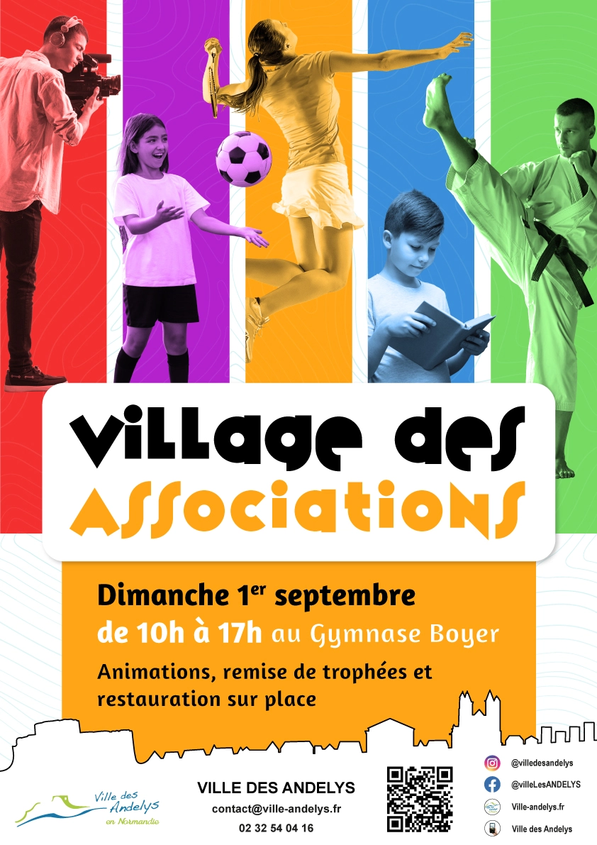 Affiche promotionnelle de l'événement 'Le Village des associations' visant à faire découvrir aux habitants des Andelys les associations de la ville.