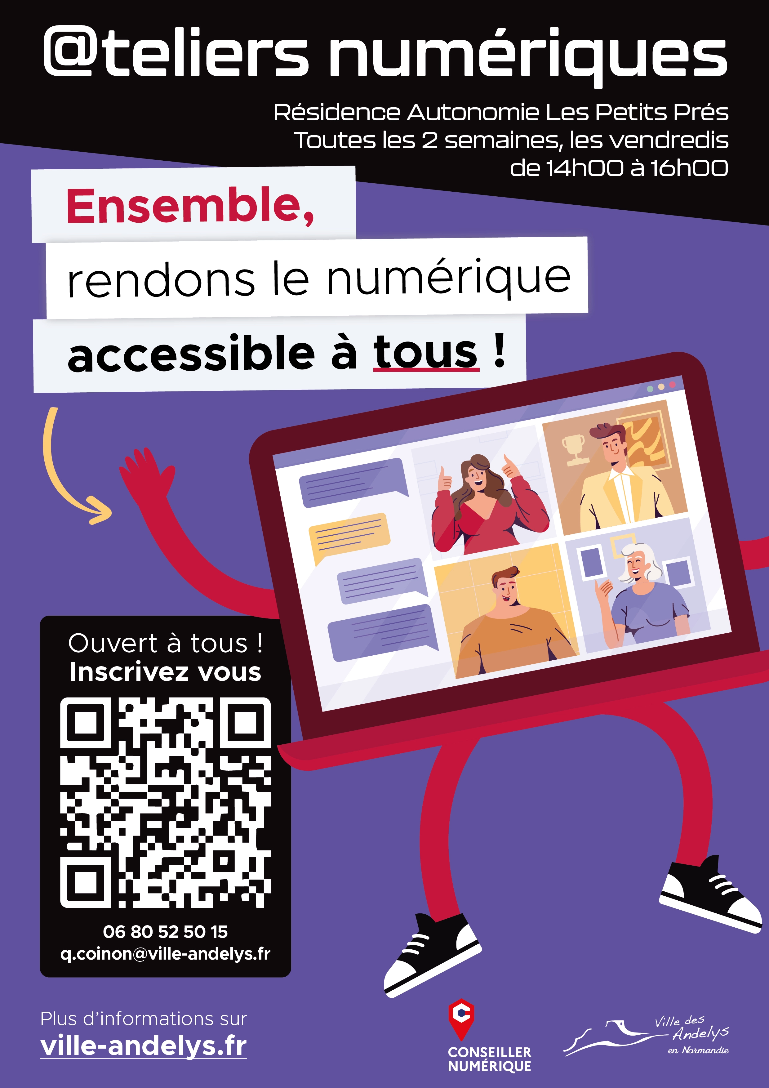 Affiche faisant la promotion d'ateliers numériques aux Andelys pour aider les habitants
