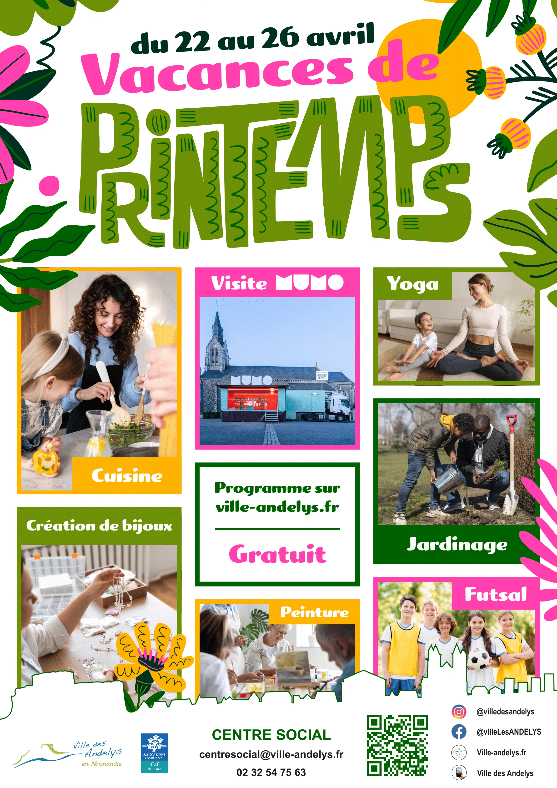 Affiche promotionnelle du centre social annonçant les activités proposées pour les vacances de printemps 2024