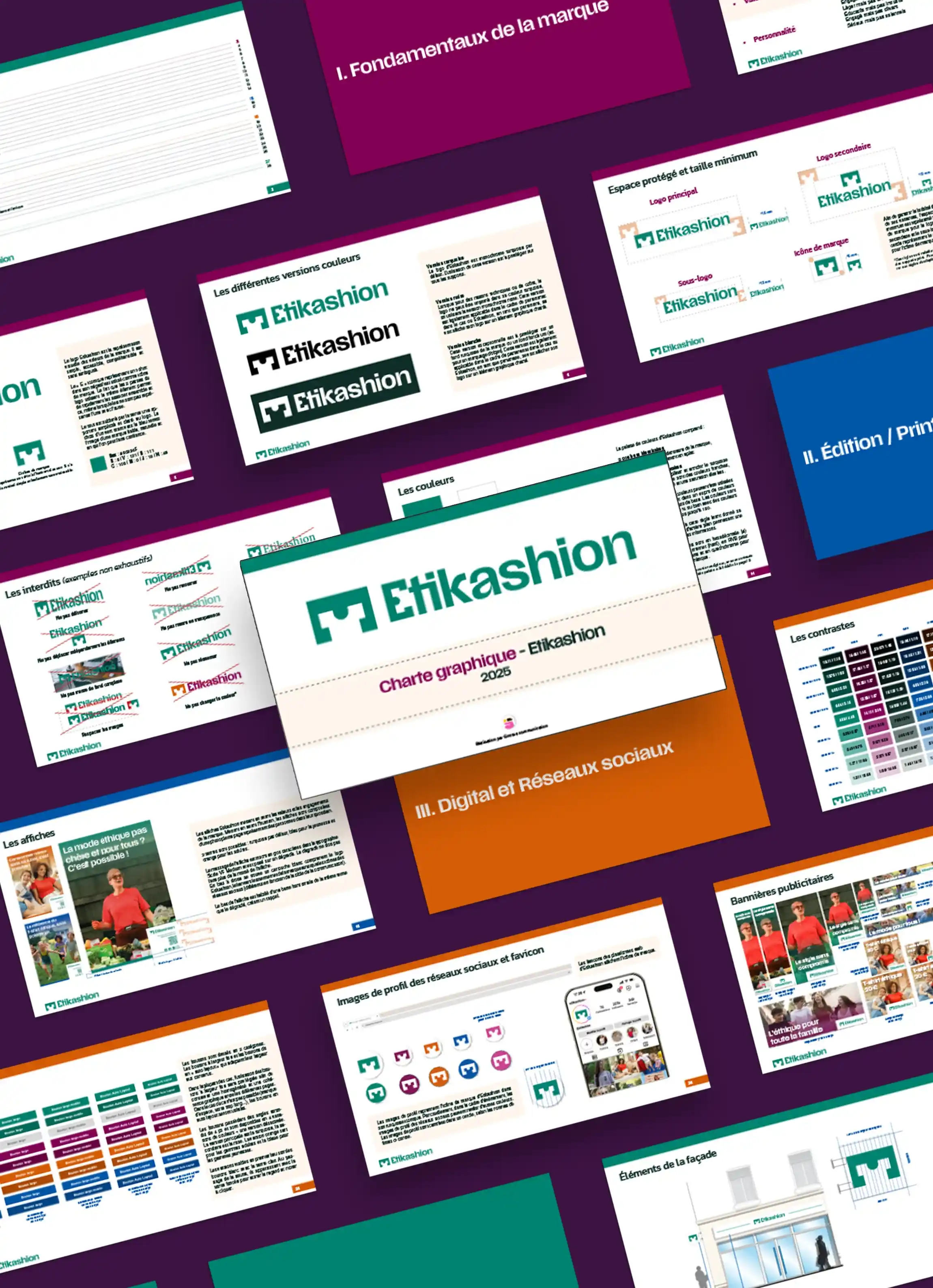 Patchwork des différentes pages de la charte graphique d'Etikashion.