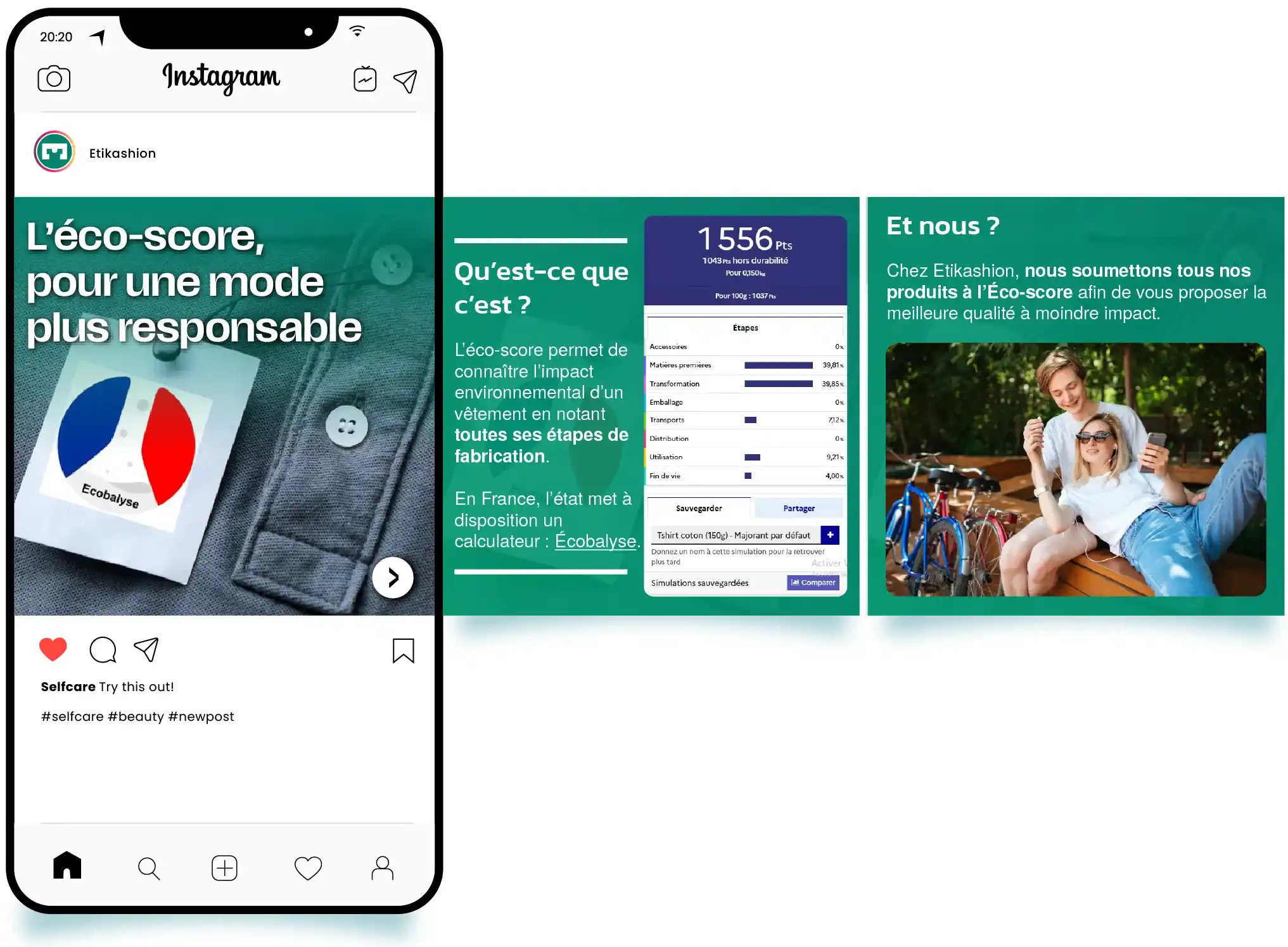 Présentation fictive d'une publication Instagram de type carrousel pour la marque Etikashion expliquant l'éco-score.