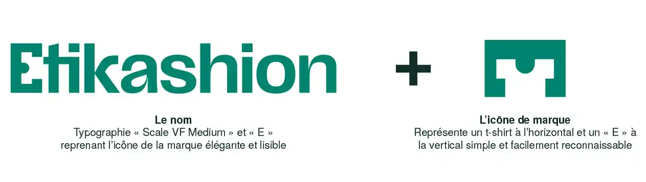 Explication du logo d'Etikashion en séparant l'icône et la typographie. La typographie 'Scale VF Medium' et le 'E' reprenant l'icône de la marque apporte de l'élégance et de la lisibilité. L'icône représente un t-shirt à l'horizontal et un 'E' à la vertical. Elle est simple et facilement reconnaissable.