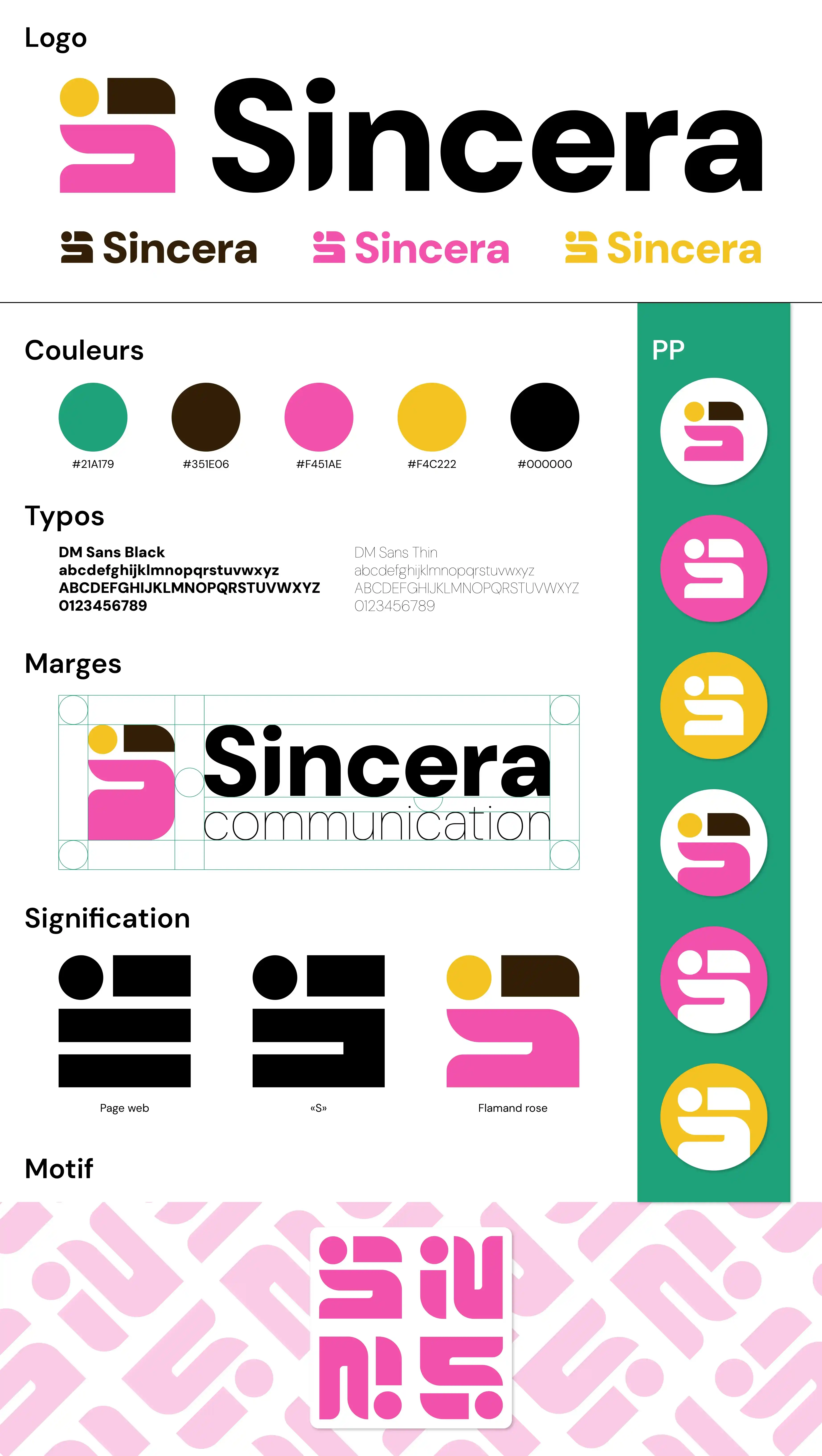 Charte graphique de Sincera communication présentant le logotype ainsi que trois variantes de différentes couleurs, les cinq couleurs de la charte, les deux typographies, les marges du logo, l'explication de l'icône en forme de flamant rose, l'affichage d'une motif composé de quatre icône de la marque dans différentes orientations et six variantes de photo de profil dans des formes et des coloris différents.