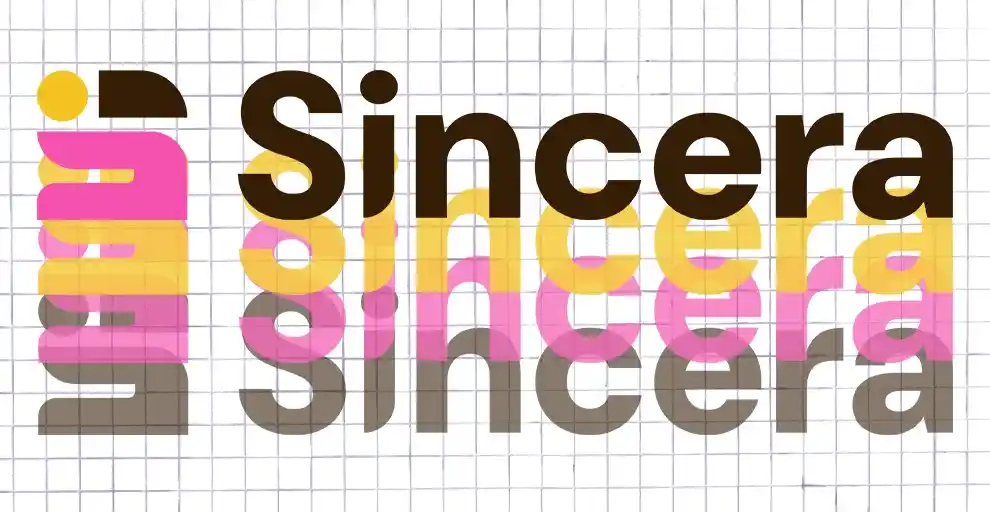 Logo de la l'agence fictive Sincera communication avec, en transparence, trois variantes du logo de différentes couleurs, le tout sur fond quadrillé.