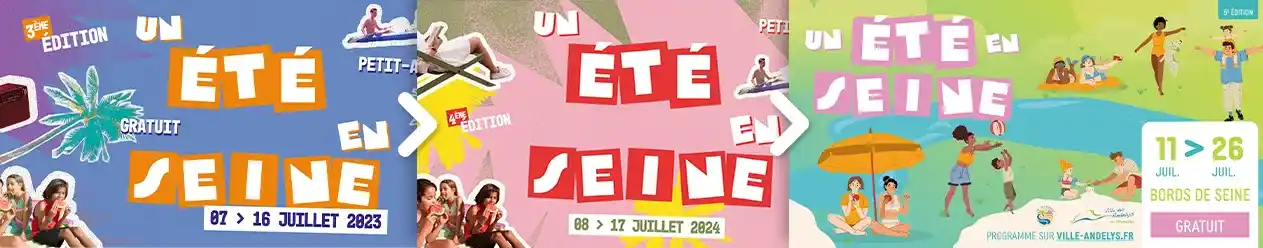 Comparatif des visuels 2023, 2024 et 2025 d'un été en Seine. Les visuels 2023 et 2024 sont similaires. Hormis les couleurs, ils sont composés du logo et de photos de palmiers, kayak et enfants sur la plage. La version 2025 est composée d'illustrations vectorielles avec la Seine et, dans l'ordre de gauche à droite : deux femmes sous un parasol, une femme jouant au ballon avec son fils, deux femmes sur une serviette de plage se prenant en photo, un père faisant un château de sable avec sa fille, une femme jouant avec son chien et un père avec sa fille sur les épaules.
