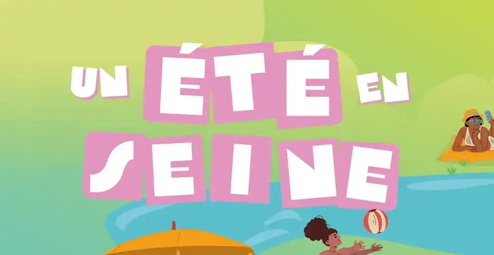 Logo d'un été en Seine sur fond vert avec une représentation vectorielle de la Seine, un parasol, une femme sur une serviette et une femme lançant un ballon de plage.
