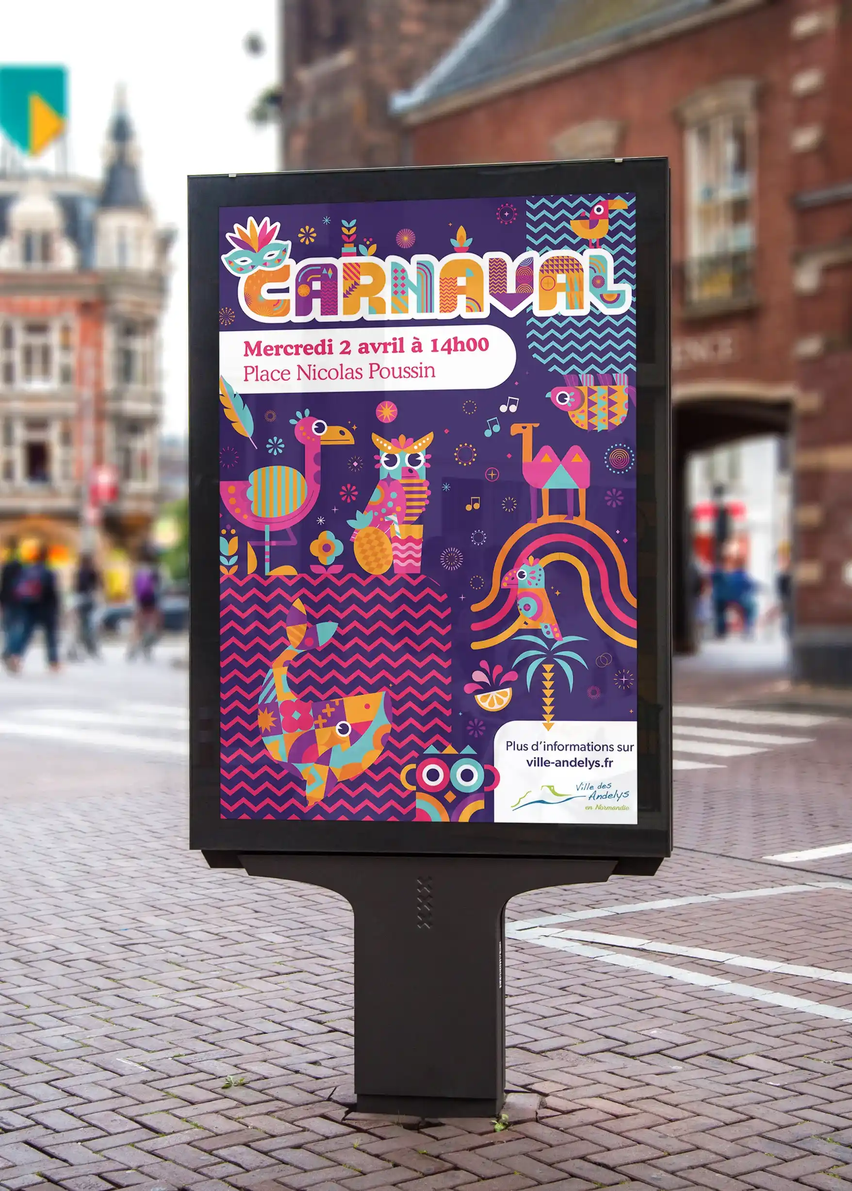Photo d'une affiche pour le carnaval, placée dans la rue.
