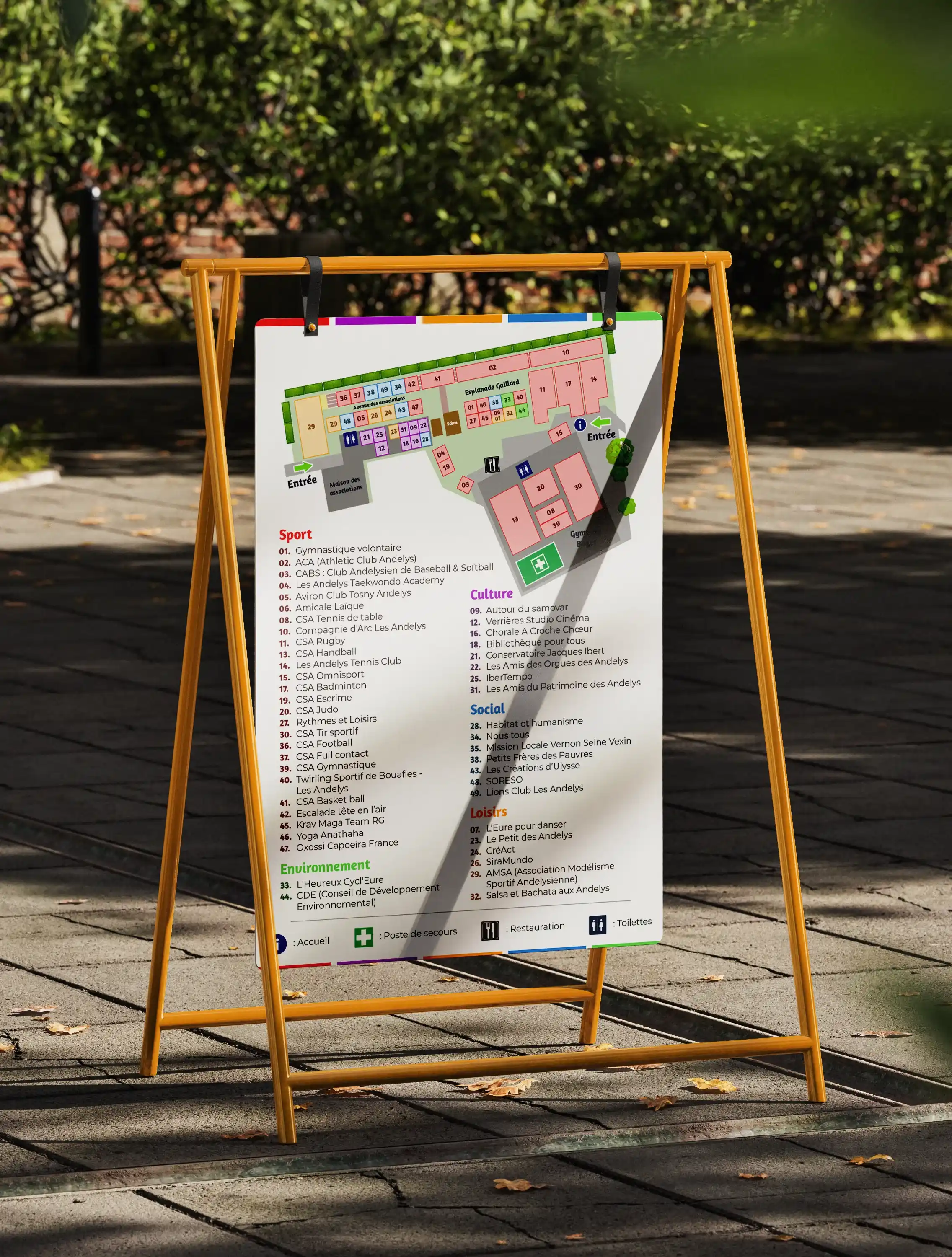 Photo d'un panneau dans un parc boisé affichant le plan du village des associations avec les différentes associations numérotées et triées par couleur dans cinq catégories : Sport, Environnement, Culture, Social et Loisirs.