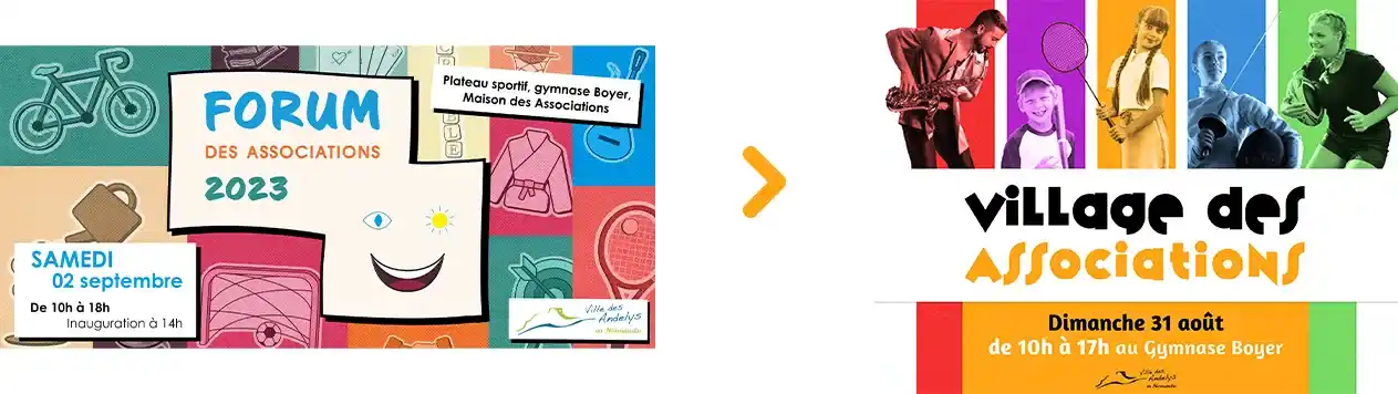 Comparatif entre le visuel du forum des associations de 2023 et celui du village des associations de 2024. Le premier est composé d'un patchwork de pictogrammes vectoriels. Le second est composé d'une série de cinq bandes verticales colorées dans lesquelles sont placées des photos de d'artistes et de sportifs.